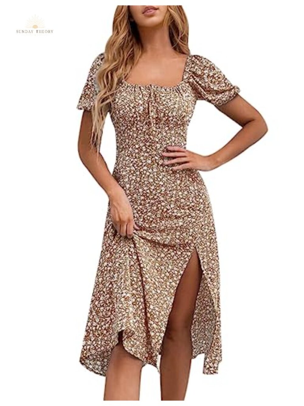 Floral Midi Dress Square Neck Puff Sleeve Ruched High Waist Split